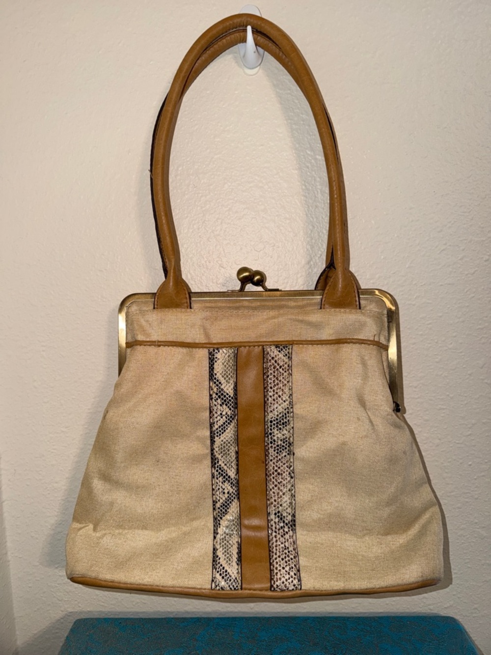 BUENO Shoulder Bag/Purse Canvas, Leather, Snake Skin Trim w/Kiss Closure